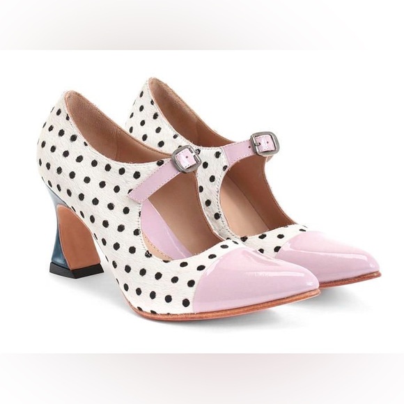 John Fluevog Shoes - John Fluevog Malala White Pony Dot Heels, size 6